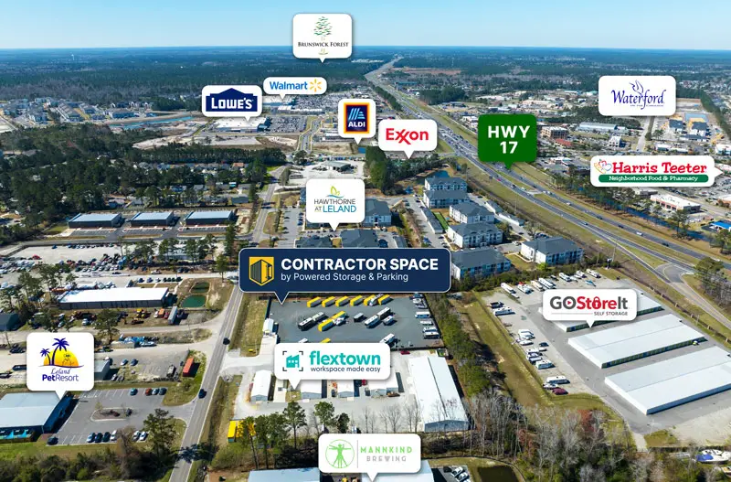 aerial photo with landmarks of contractor spaces in Leland